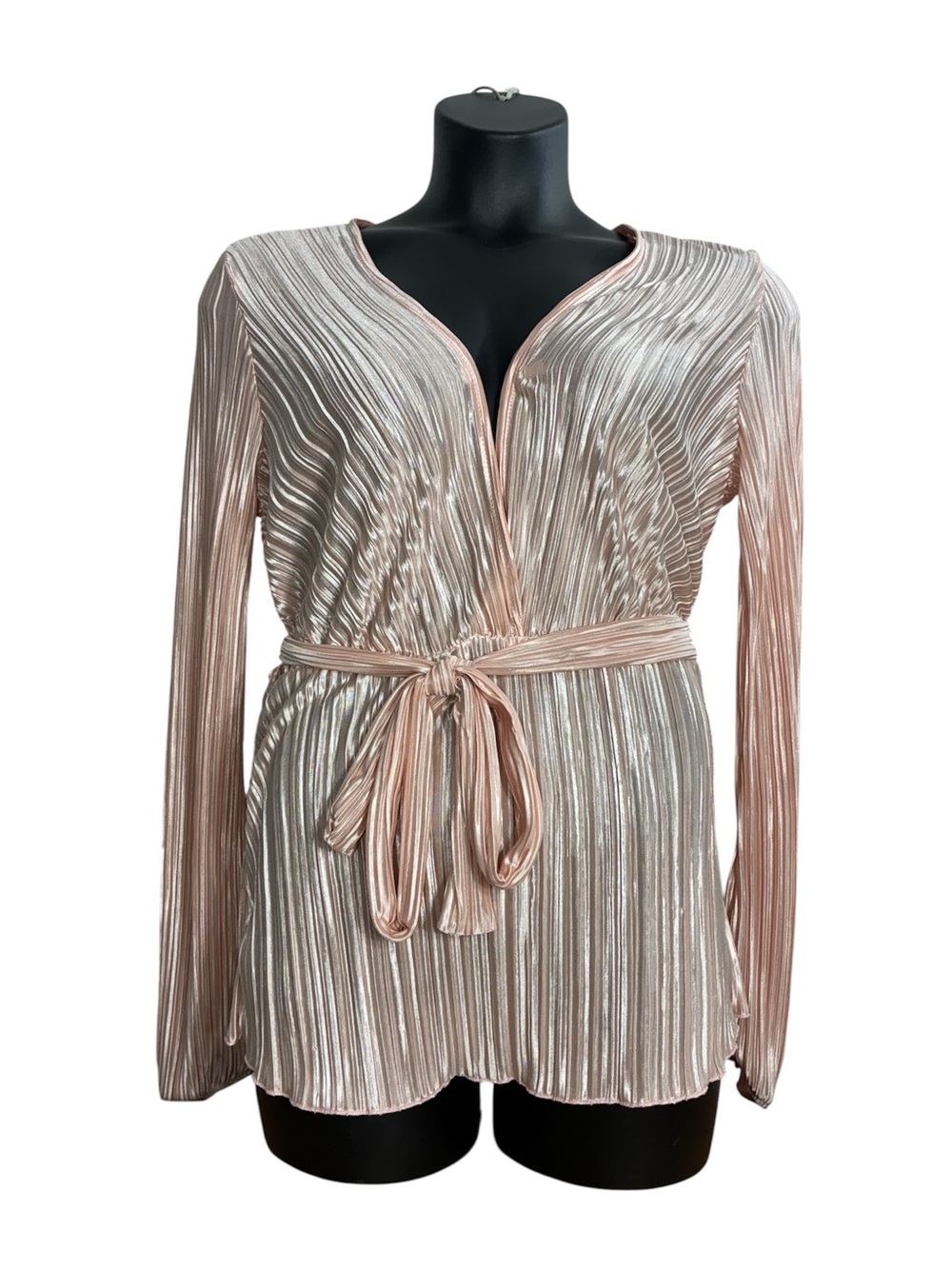 Pleated Wrap Blouse with Self-Tie Belt - Pink